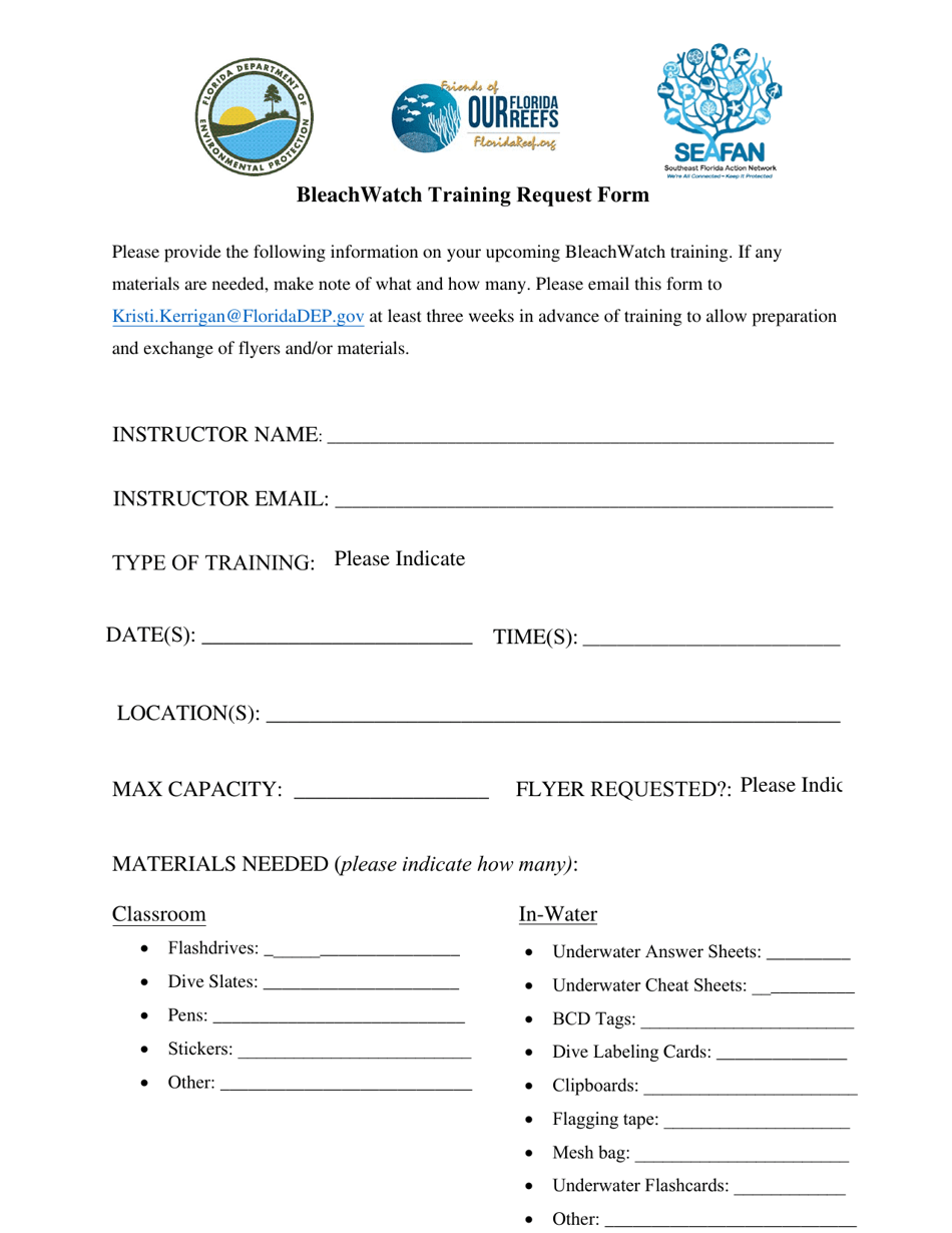 Bleachwatch Training Request Form - Florida, Page 1