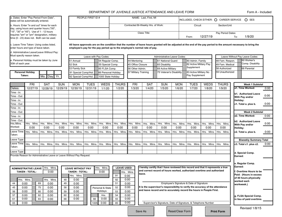 Form A-INCLUDED Attendance and Leave Form - Florida, Page 1