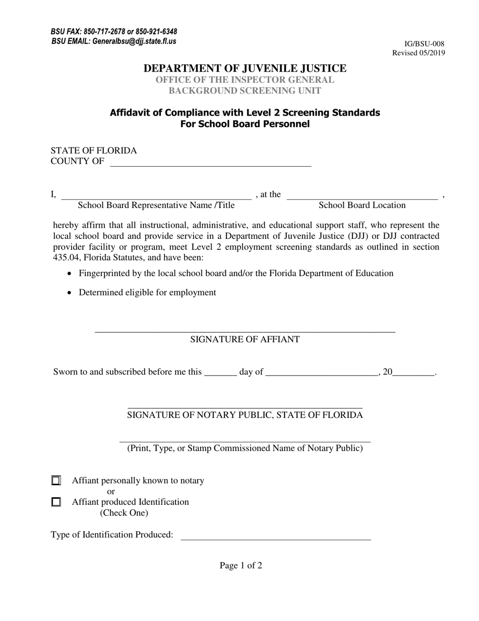 Form IG / BSU-008 Affidavit of Compliance With Level 2 Screening Standards for School Board Personnel - Florida, Page 1
