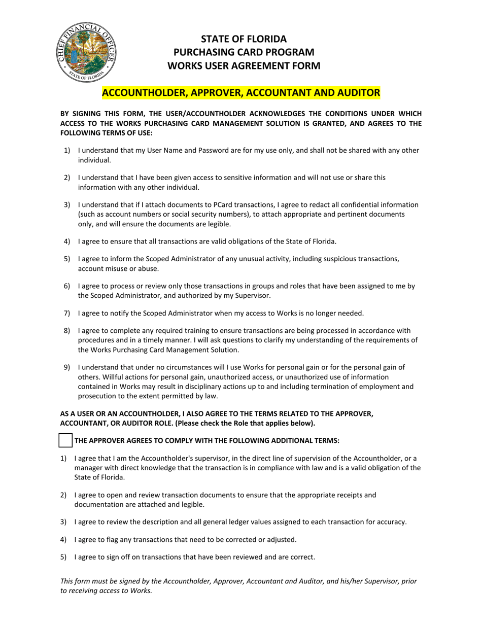 Purchasing Card Program Works User Agreement Form - Accountholder, Approver, Accountant, and Auditor - Florida, Page 1