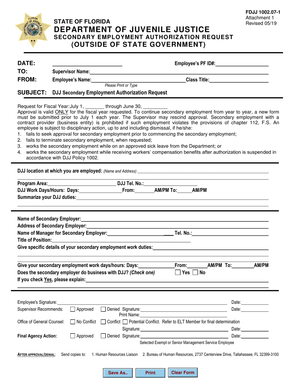 Form FDJJ1002.07-01 Attachment 1 Secondary Employment Authorization Request (Outside of State Government) - Florida, Page 1