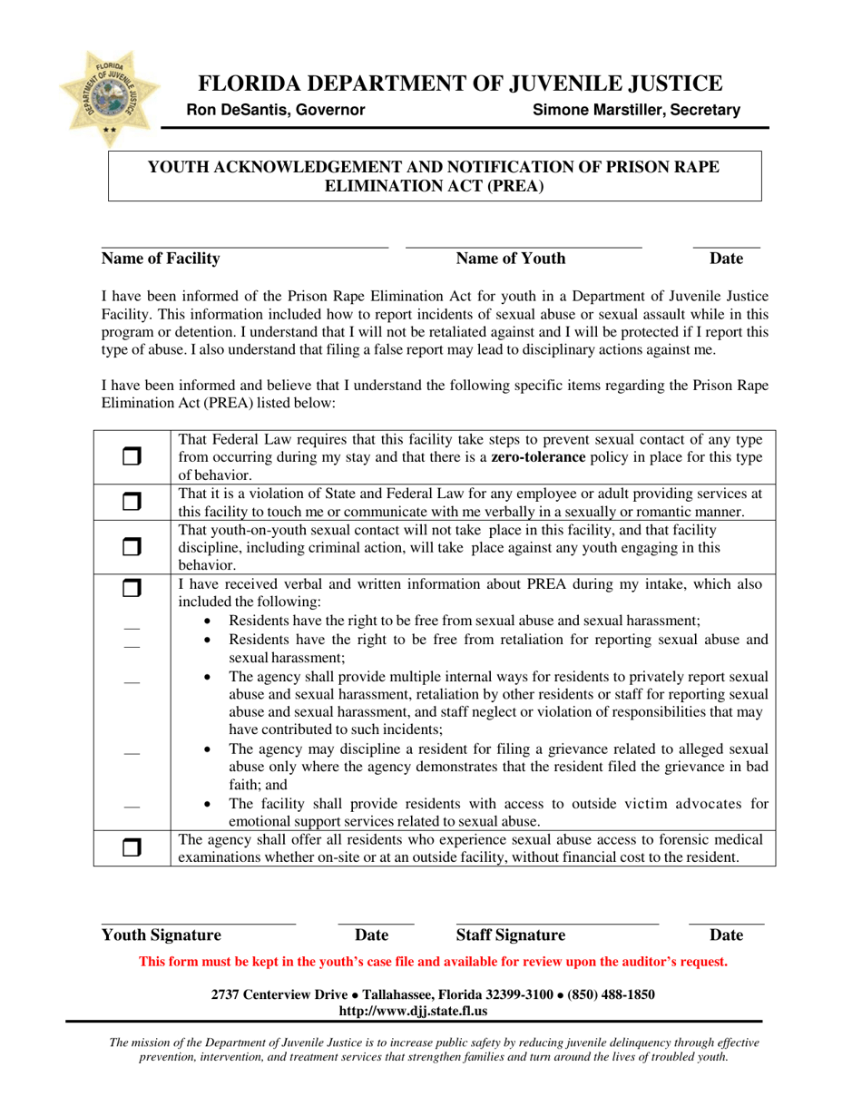 Youth Acknowledgement and Notification of Prison Rape Elimination Act (Prea) - Florida, Page 1