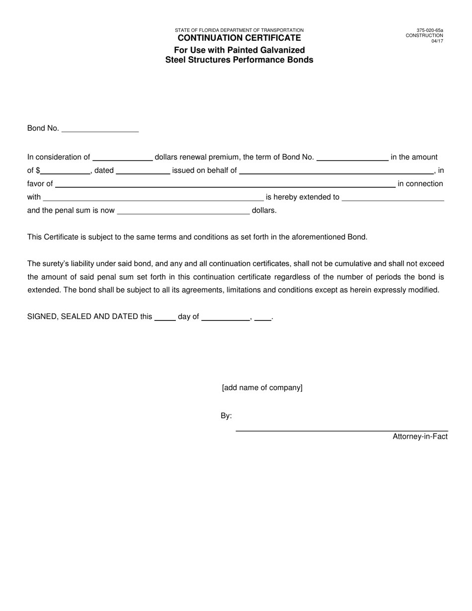 Form 375-020-65A Pianted Galvanized Steel Structures Perfomance Bond Continuation Certificate - Florida, Page 1
