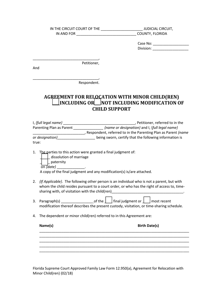 Family Law Form 12.950(A) Agreement for Relocation With Minor Child(Ren) - Florida, Page 5