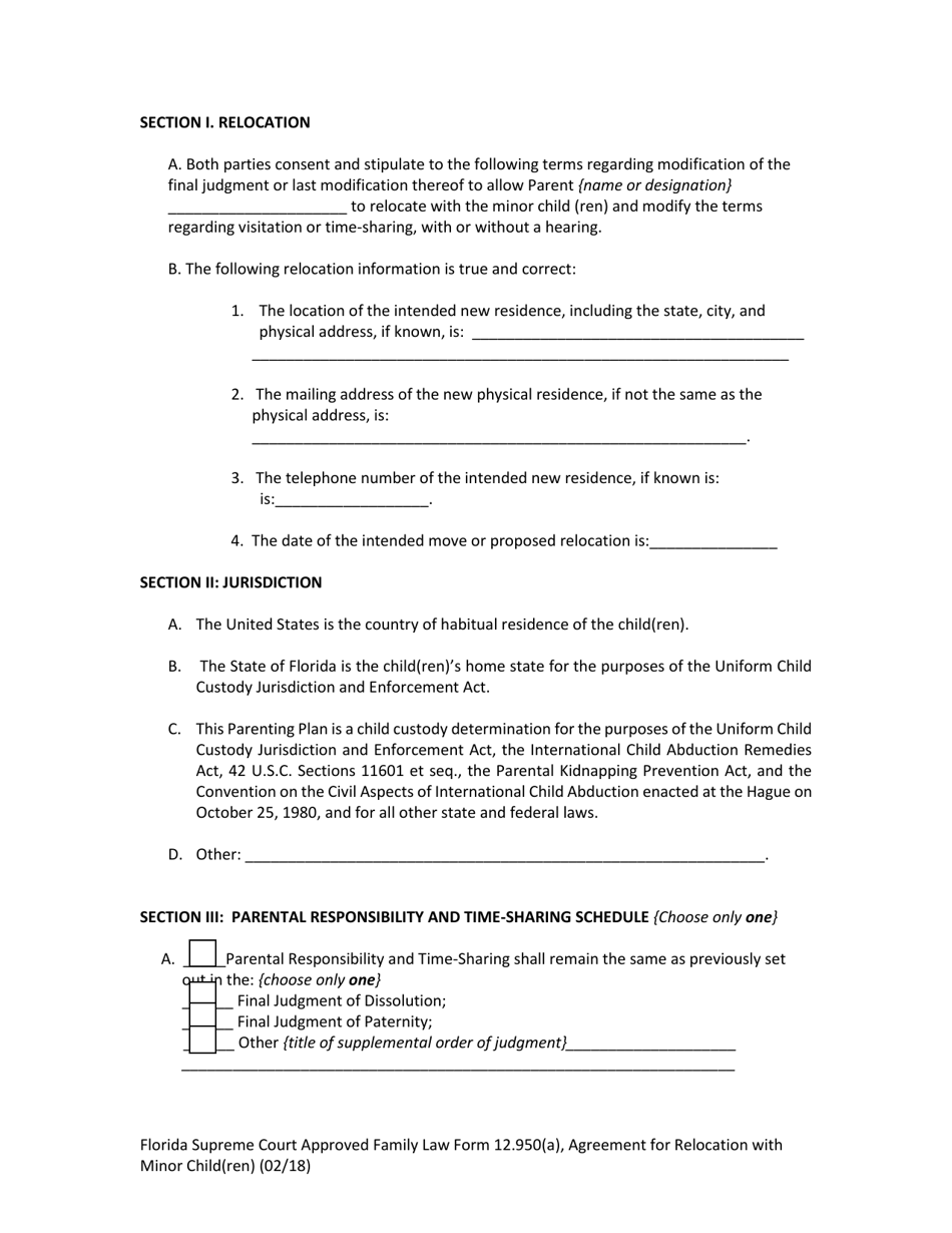 Family Law Form 12.950(A) Agreement for Relocation With Minor Child(Ren) - Florida, Page 6