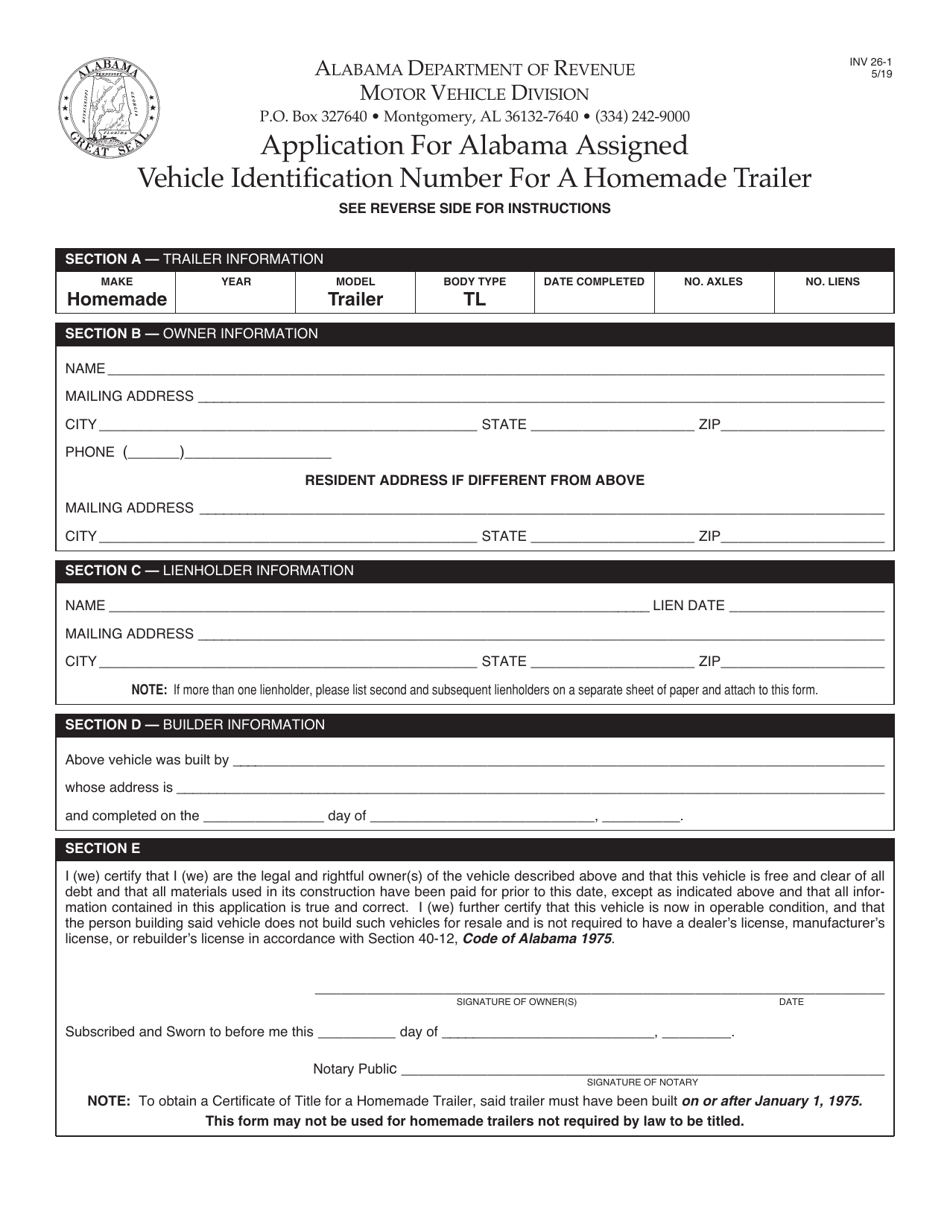 Form INV26-1 Application for Alabama Assigned Vehicle Identification Number for a Homemade Trailer - Alabama, Page 1