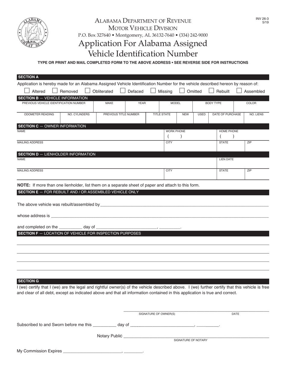 Form INV26-3 Application for Alabama Assigned Vehicle Identification Number for an Assembled Vehicle or Plate Only - Alabama, Page 1