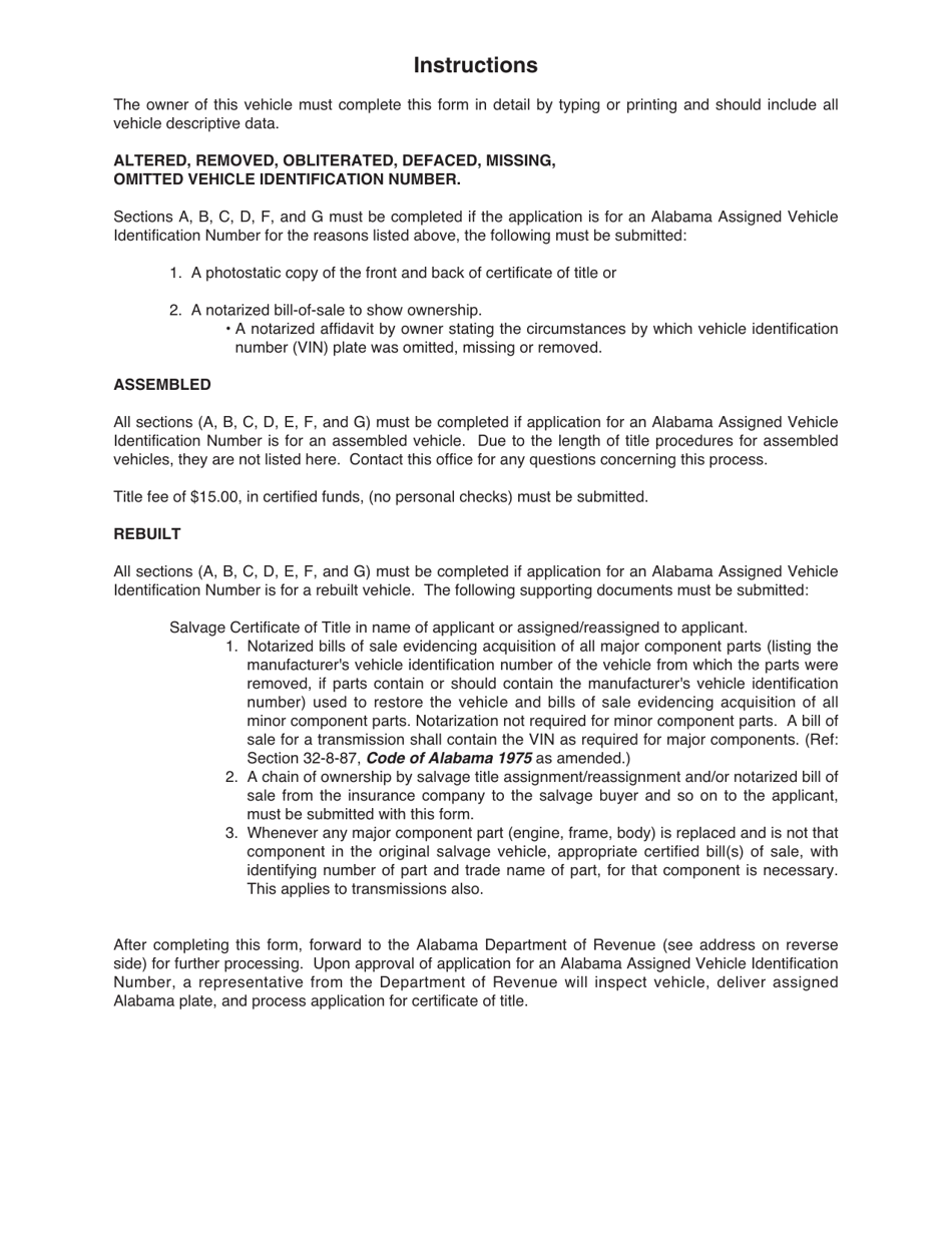 Form INV26-3 Application for Alabama Assigned Vehicle Identification Number for an Assembled Vehicle or Plate Only - Alabama, Page 2