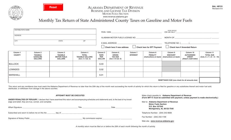 Form BL: MFCO Monthly Tax Return of State Administered County Taxes on Gasoline and Motor Fuels - Alabama, Page 1