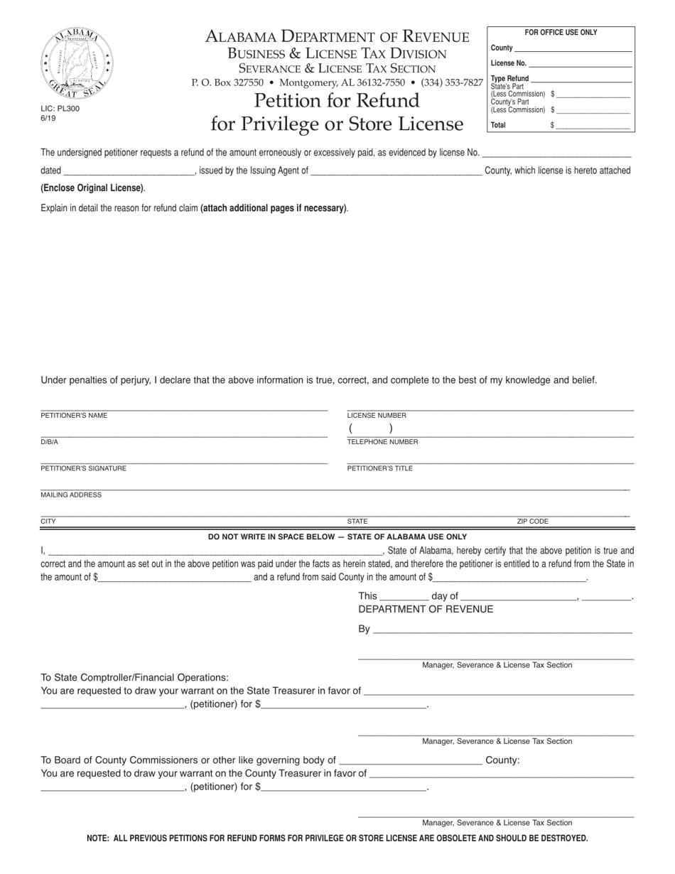 Form LIC: PL300 Petition for Refund for Privilege or Store License - Alabama, Page 1