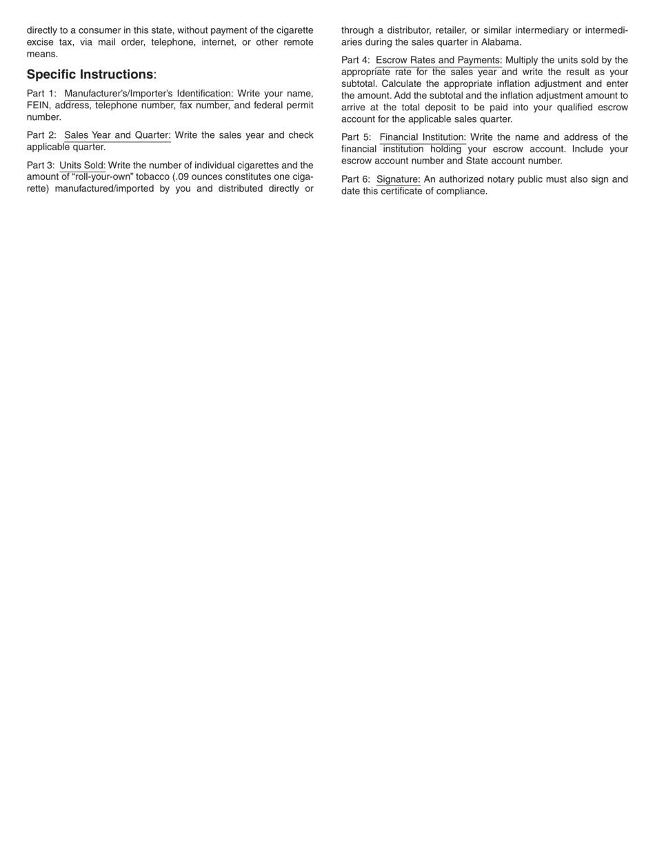 Instructions for Form TOB: NPM-ESC CERT Certificate of Compliance by Manufacturer Regarding Escrow Payment (Including Importers) - Alabama, Page 2