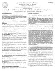 Document preview: Instructions for Form TOB: TPM CERT Tobacco Product Manufacturer Certificate of Compliance - Alabama