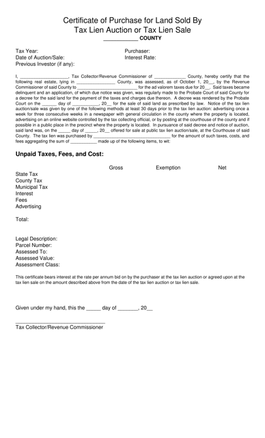 &quot;Certificate of Purchase for Land Sold by Tax Lien Auction or Tax Lien Sale&quot; - Alabama Download Pdf