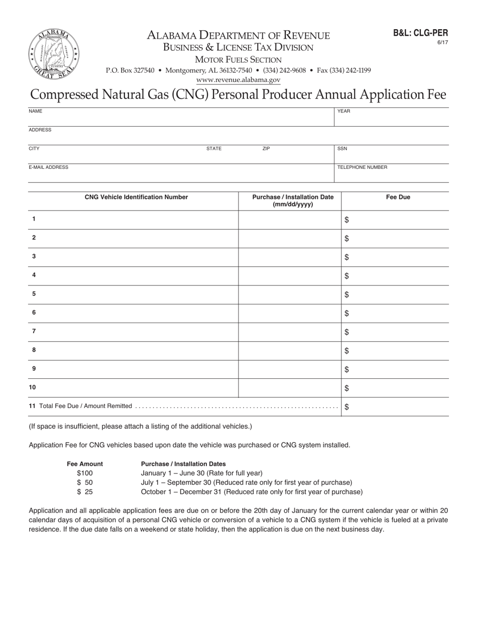 Form BL: CLG-PER Compressed Natural Gas (Cng) Personal Producer Annual Application Fee - Alabama, Page 1