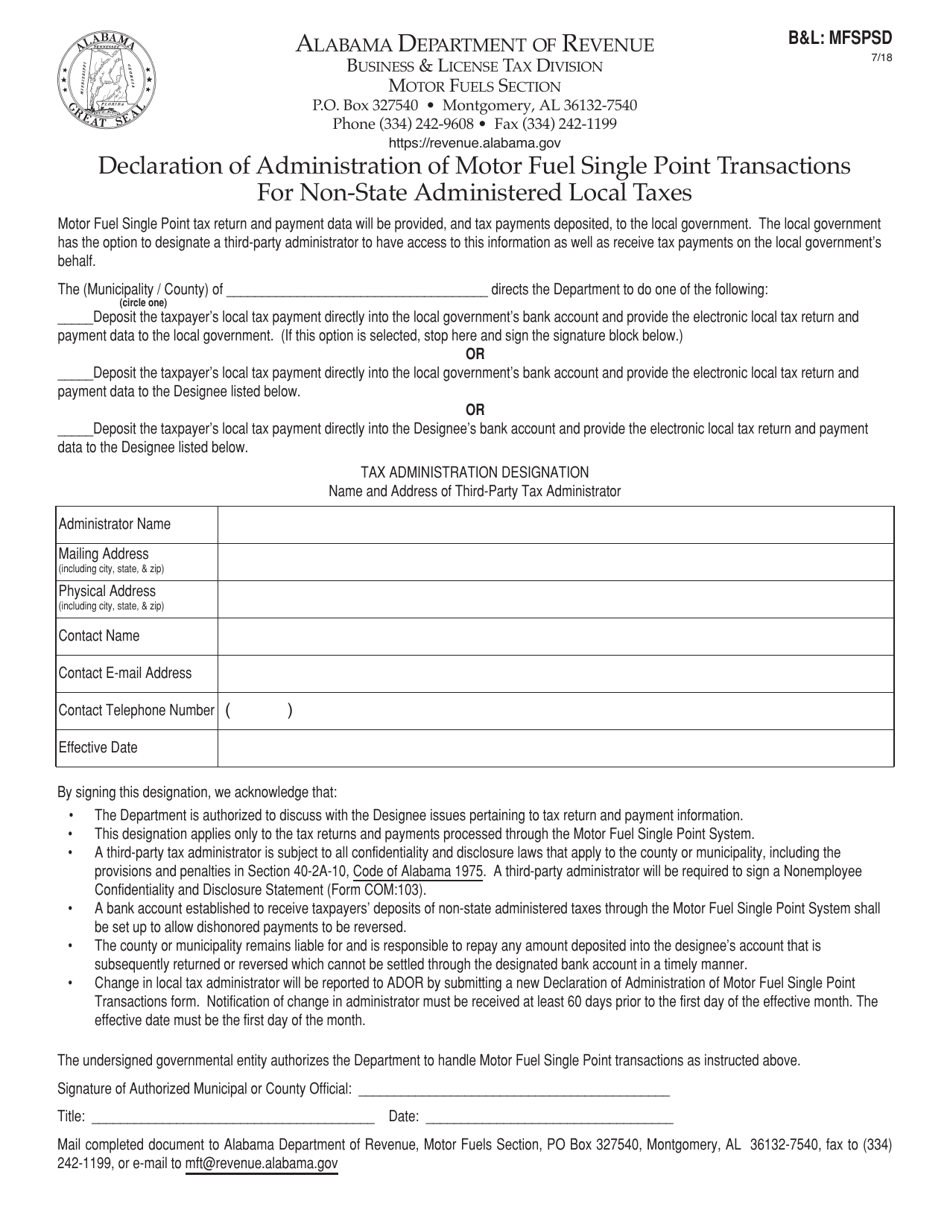 Form BL: MFSPSD Declaration of Administration of Motor Fuel Single Point Transactions for Non-state Administered Local Taxes - Alabama, Page 1