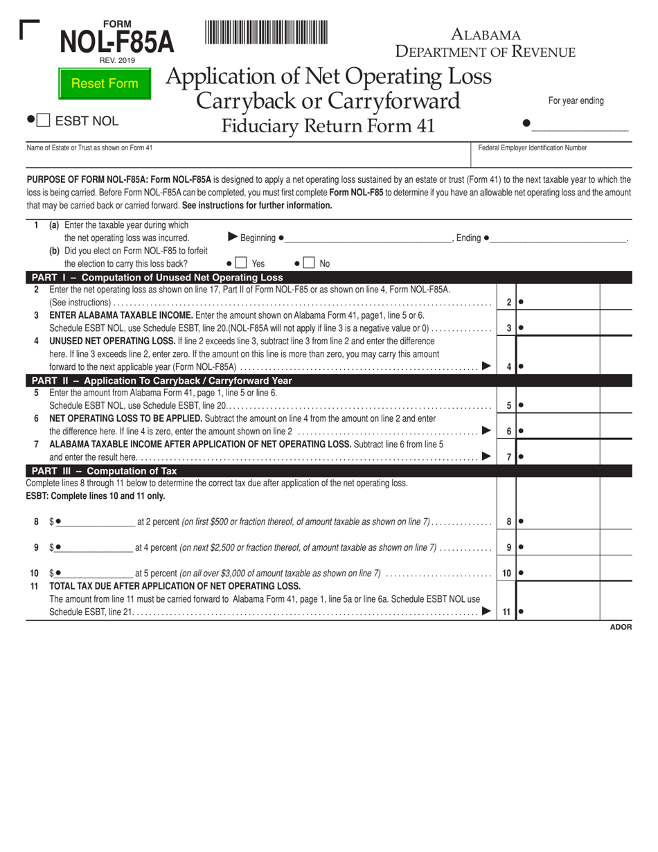 Form NOL-F85A Application of Net Operating Loss Carryback or Carryforward - Fiduciary Return Form 41 - Alabama, Page 1