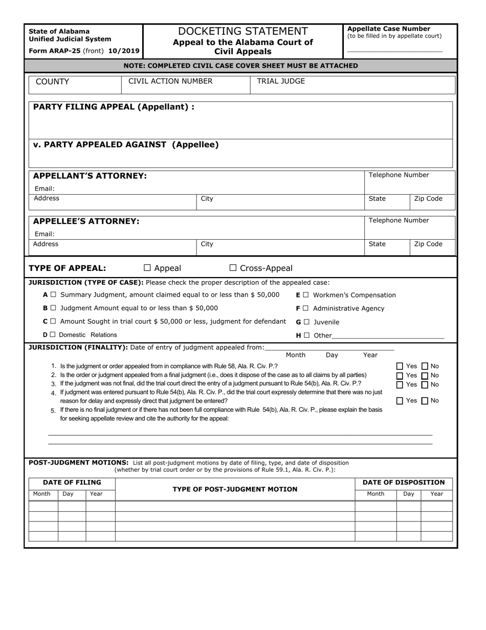 Form ARAP-25 Docketing Statement - Alabama, Page 1