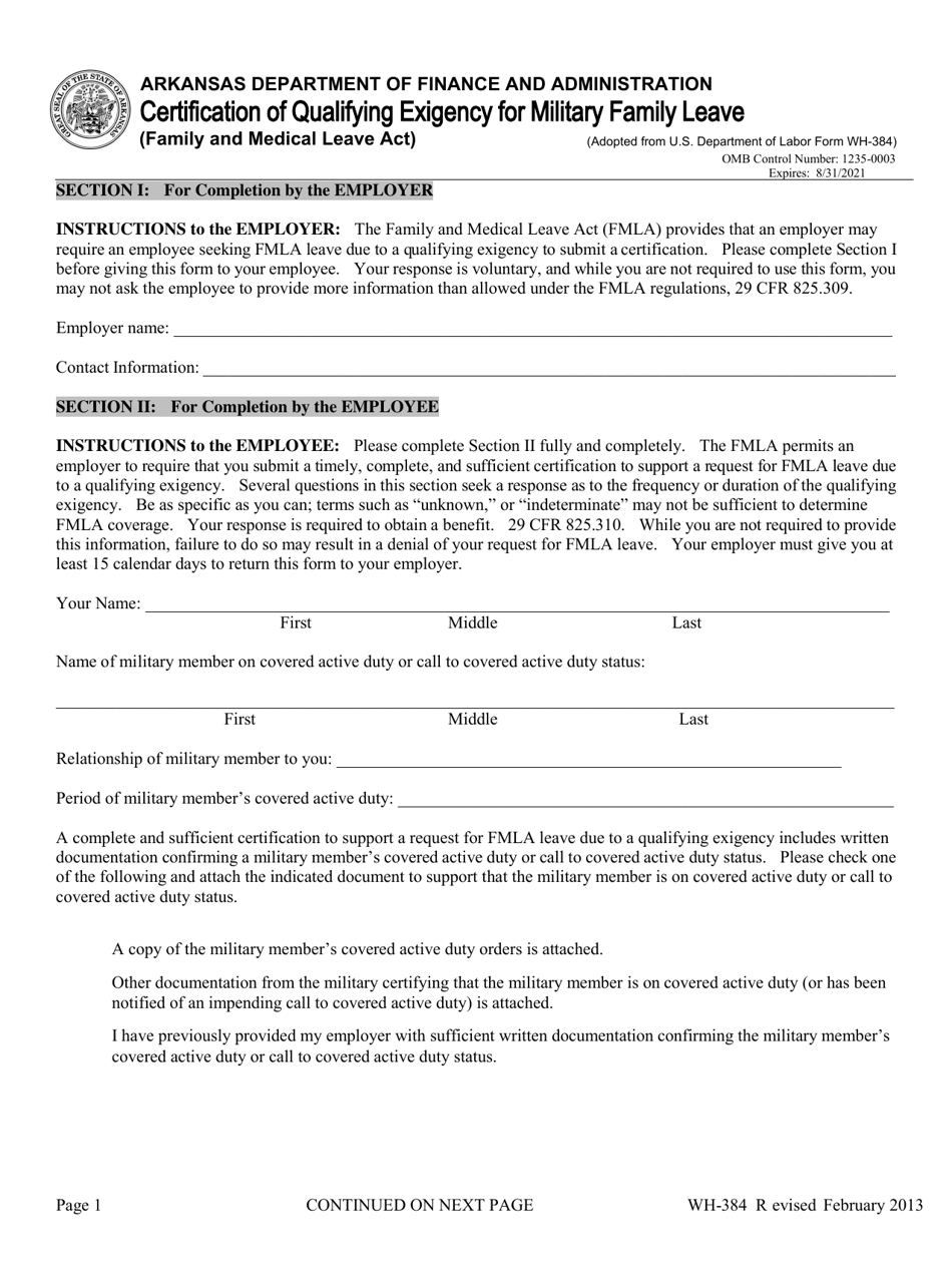 Form WH-384 Certification of Qualifying Exigency for Military Family Leave - Arkansas, Page 1