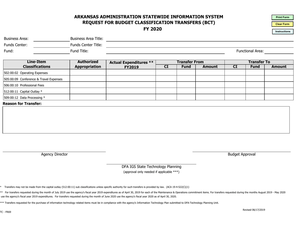 Form TC-FR69 Request for Budget Classification Transfer (Bct) - Arkansas, Page 1