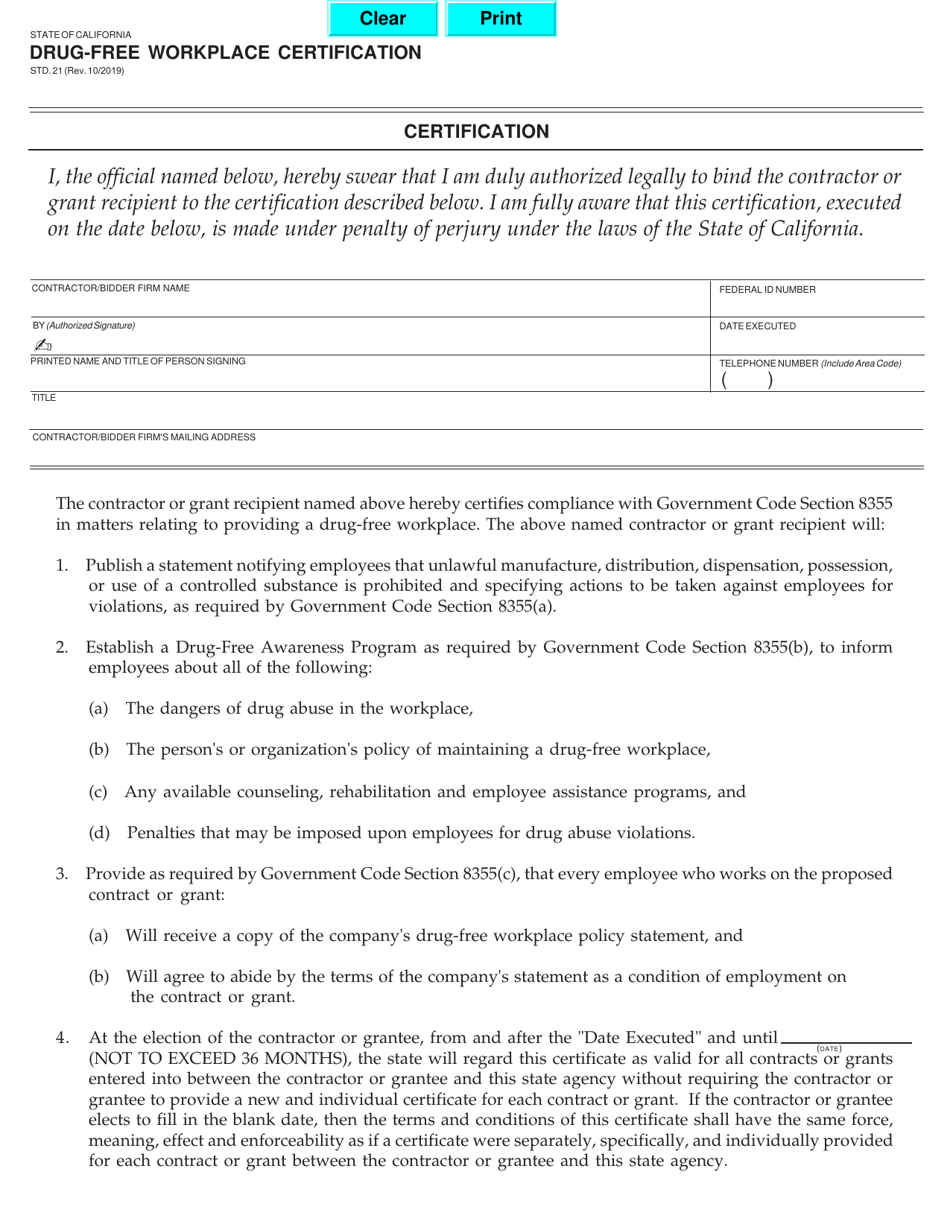 Form STD.21 Drug-Free Workplace Certification - California, Page 1
