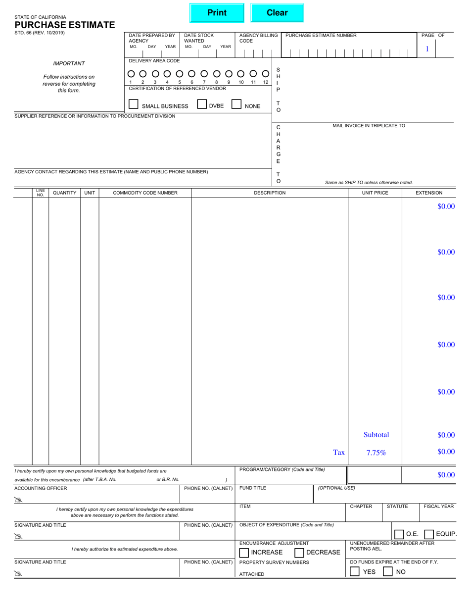 Form STD.66 Purchase Estimate - California, Page 1