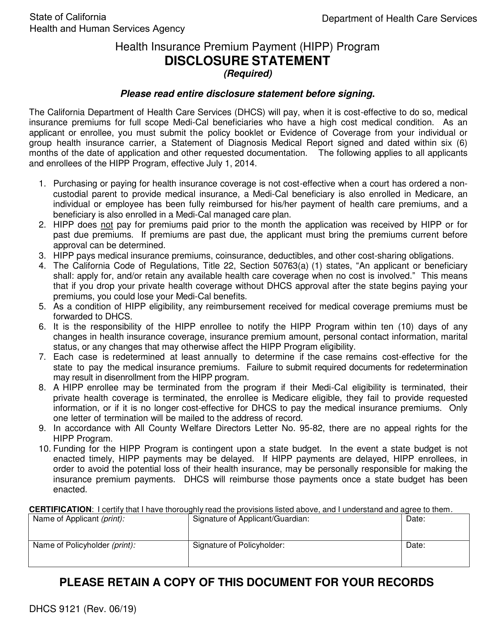 Form DHCS9121  Printable Pdf