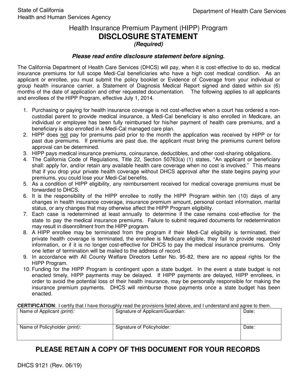 Form DHCS9121 Disclosure Statement - California, Page 1