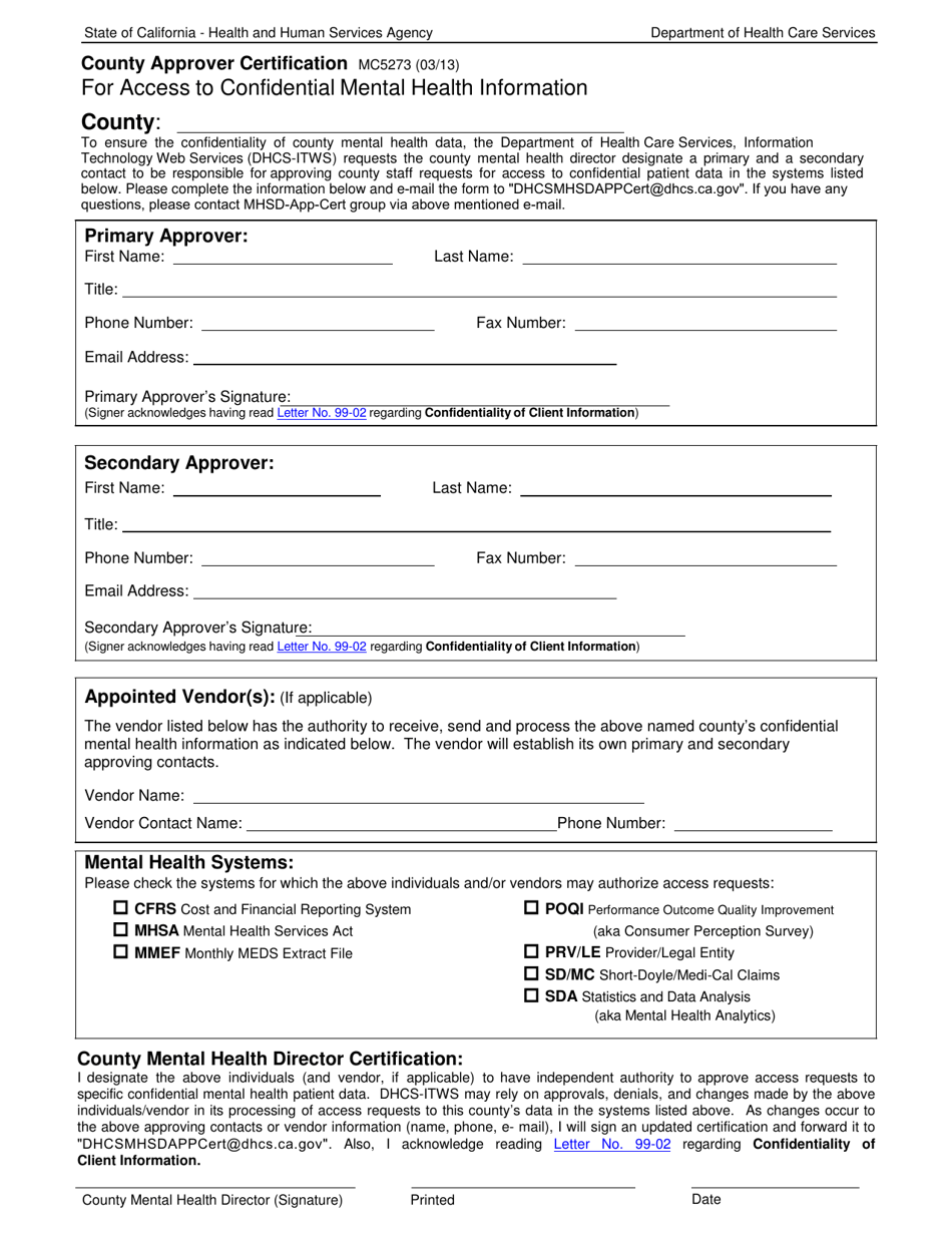 Form MC5273 County Approver Certification for Access to Confidential Mental Health Information - California, Page 1