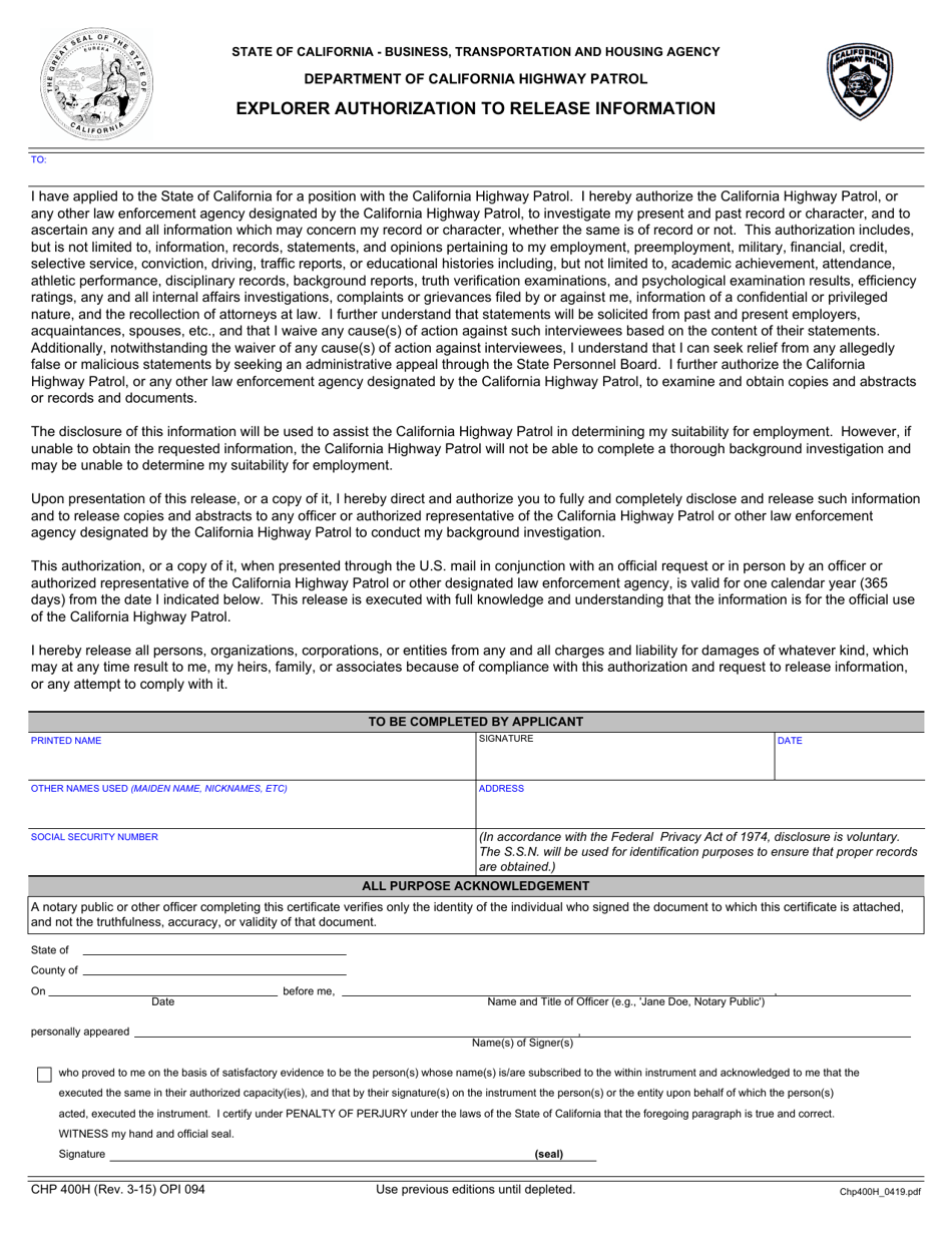 Form CHP400H Explorer Authorization to Release Information - California, Page 1
