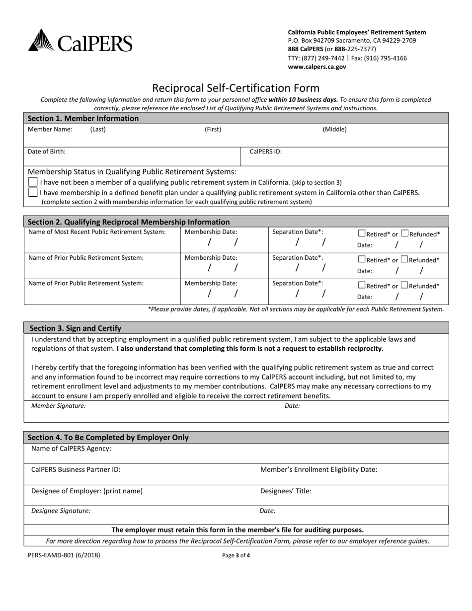 Form PERS-EAMD-801 Reciprocal Self-certification Form - California, Page 3