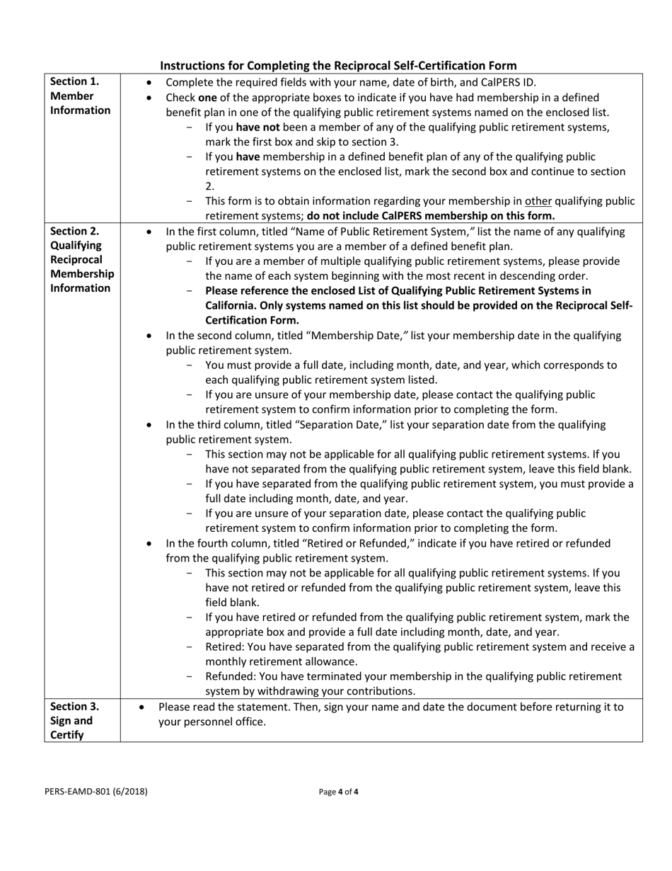 Form PERS-EAMD-801 Reciprocal Self-certification Form - California, Page 4