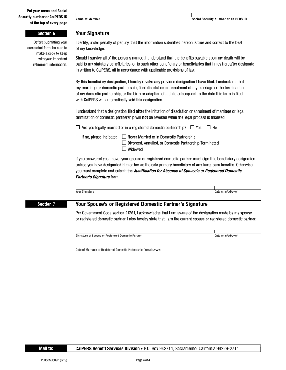 Form PERS-BSD-509P Post-retirement Lump-Sum Beneficiary Designation - California, Page 4