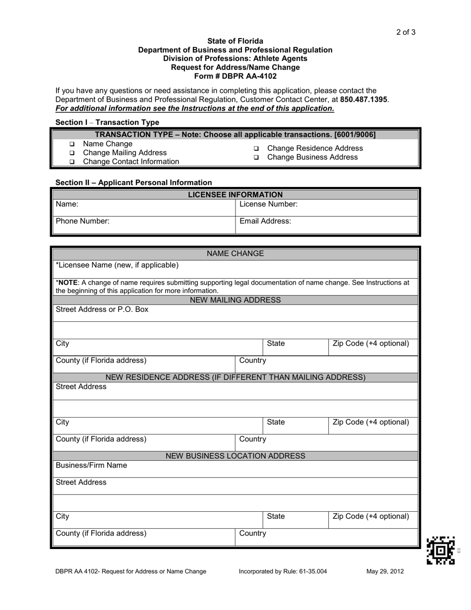 Form DBPR AA-4102 Request for Address / Name Change - Florida, Page 2