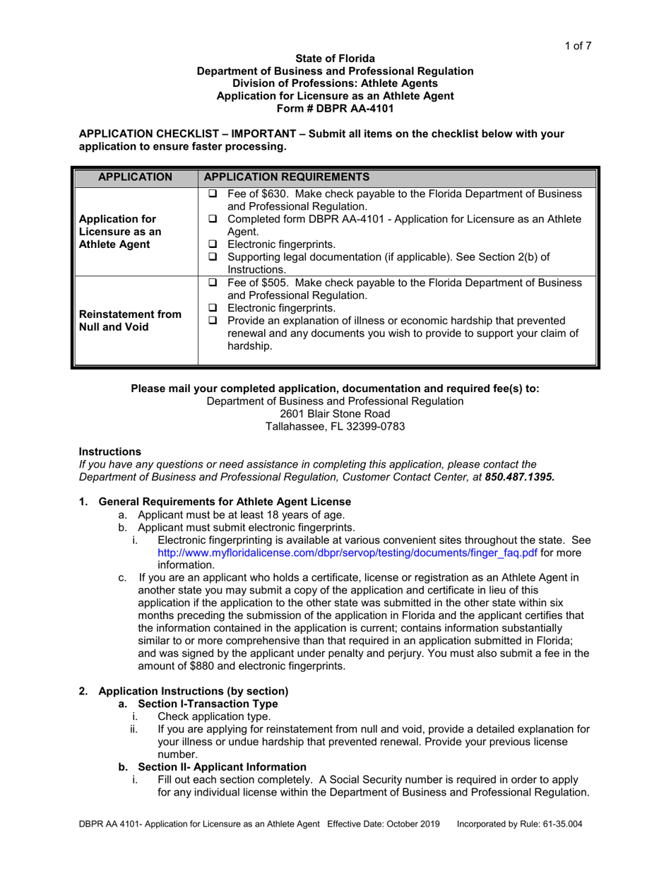 Form DBPR AA4101 Application for Licensure as an Athlete Agent - Florida, Page 1