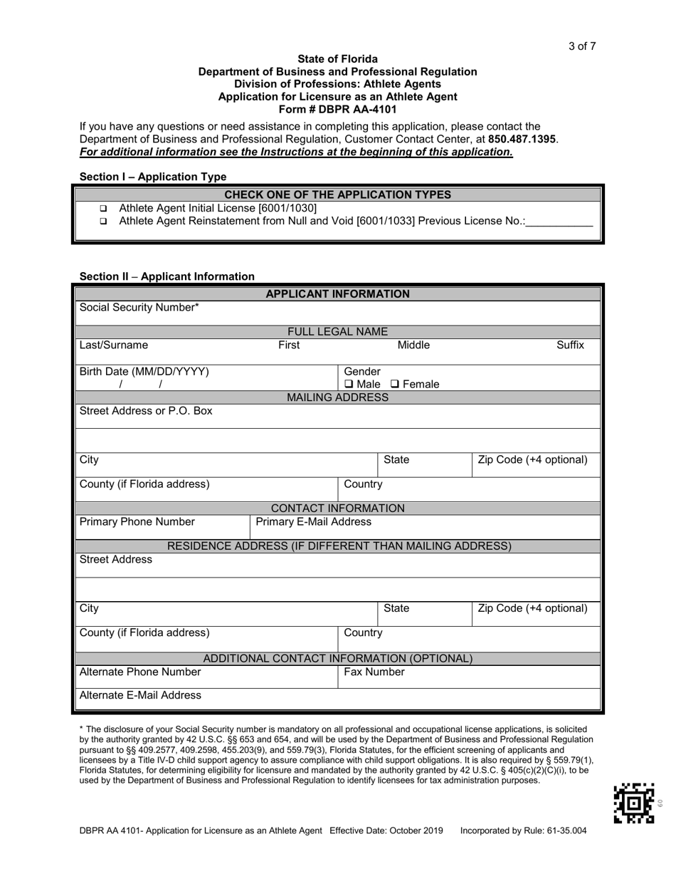Form DBPR AA4101 Application for Licensure as an Athlete Agent - Florida, Page 3