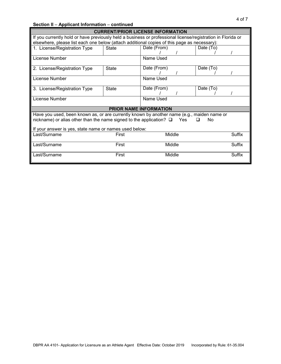 Form DBPR AA4101 Application for Licensure as an Athlete Agent - Florida, Page 4
