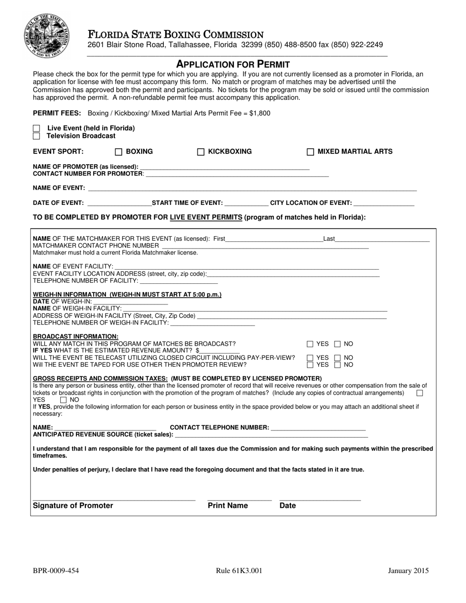 Form BPR-0009-454 Application for Permit - Florida, Page 1