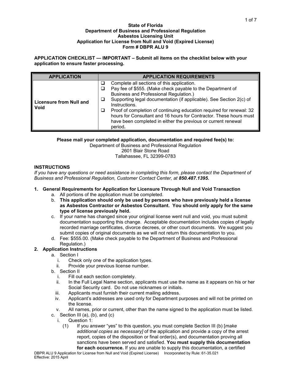 Form DBPR ALU9 - Fill Out, Sign Online and Download Printable PDF ...
