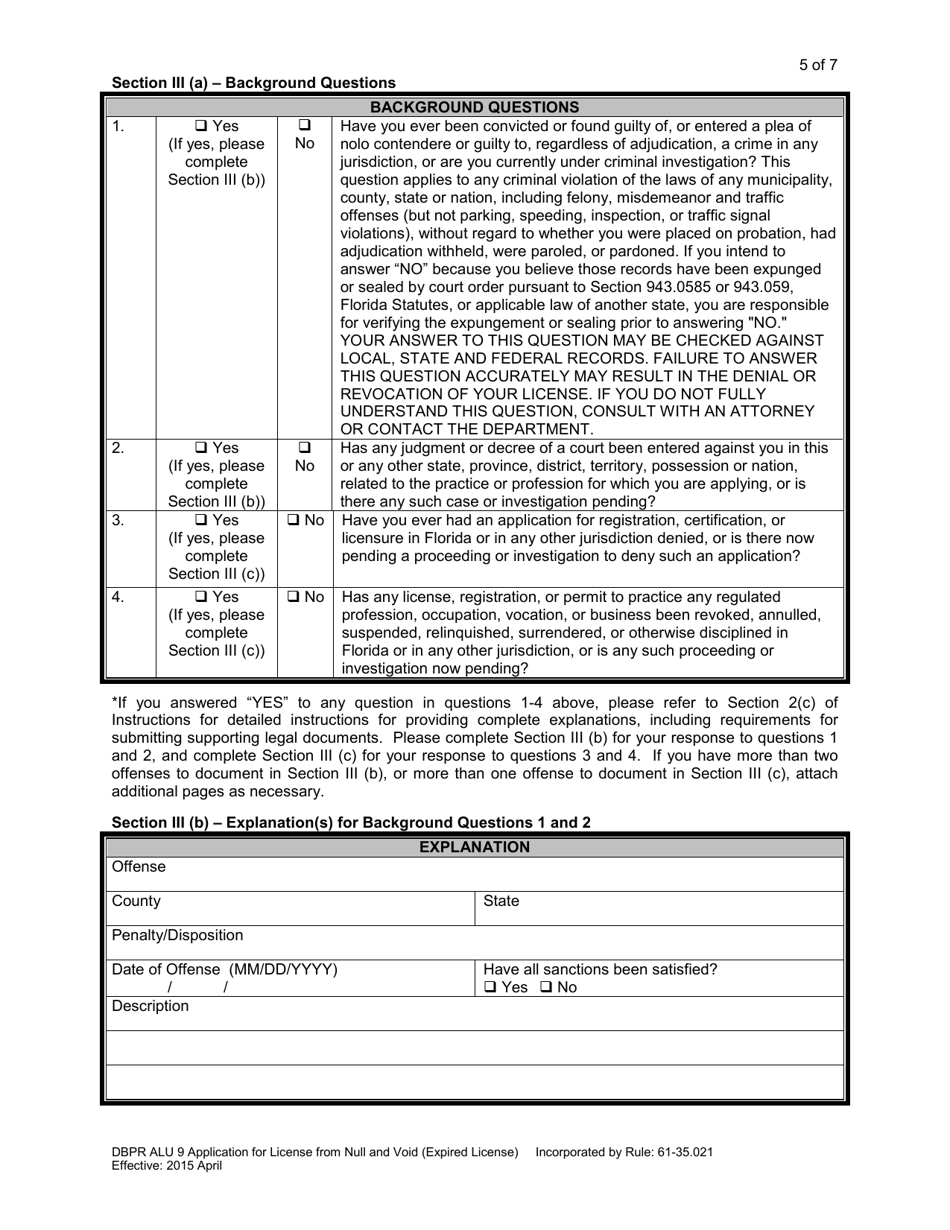 Form DBPR ALU9 Application for License From Null and Void (Expired License) - Florida, Page 5