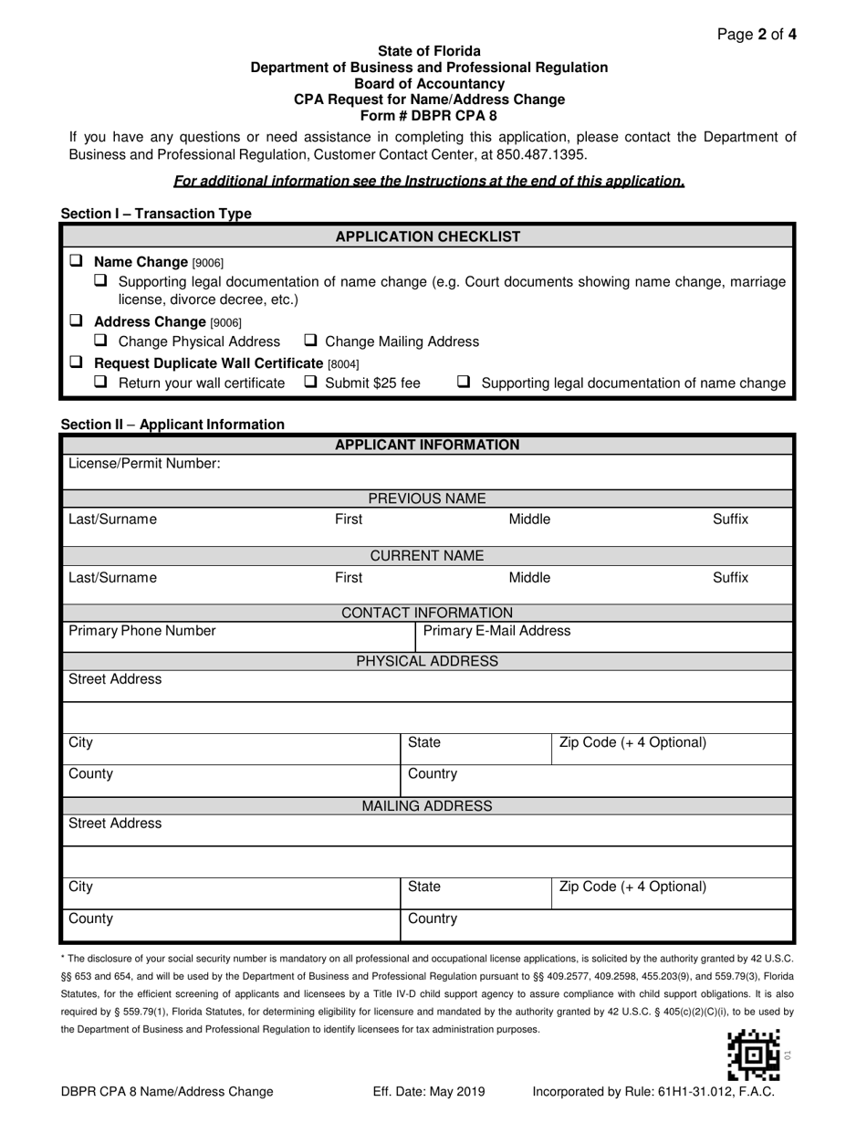 Form DBPR CPA8 CPA Request for Name / Address Change - Florida, Page 2