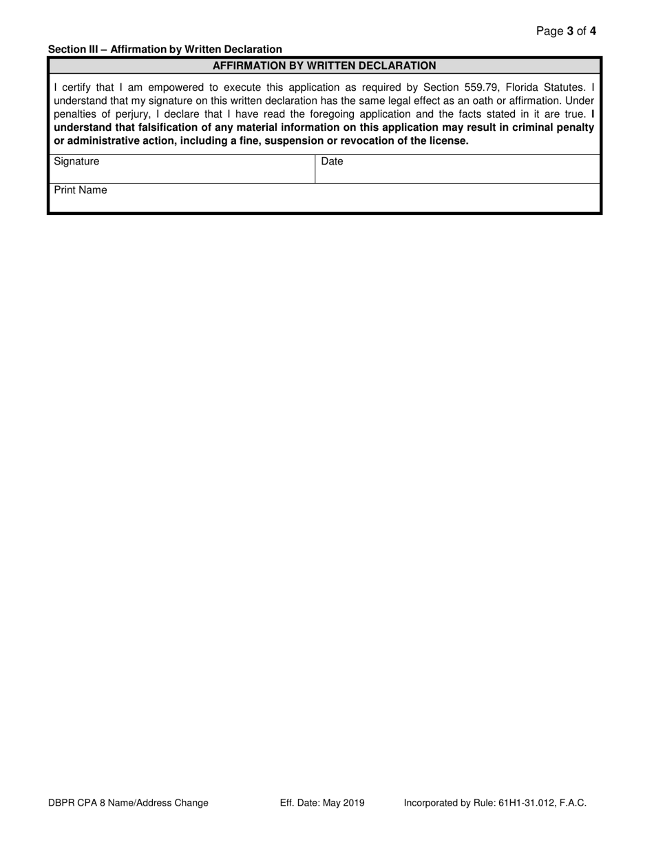 Form DBPR CPA8 CPA Request for Name / Address Change - Florida, Page 3
