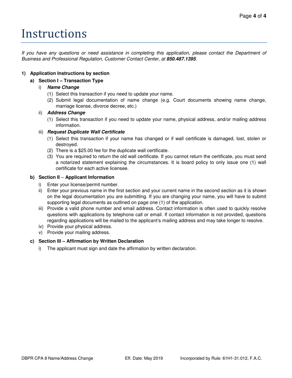 Form DBPR CPA8 CPA Request for Name / Address Change - Florida, Page 4