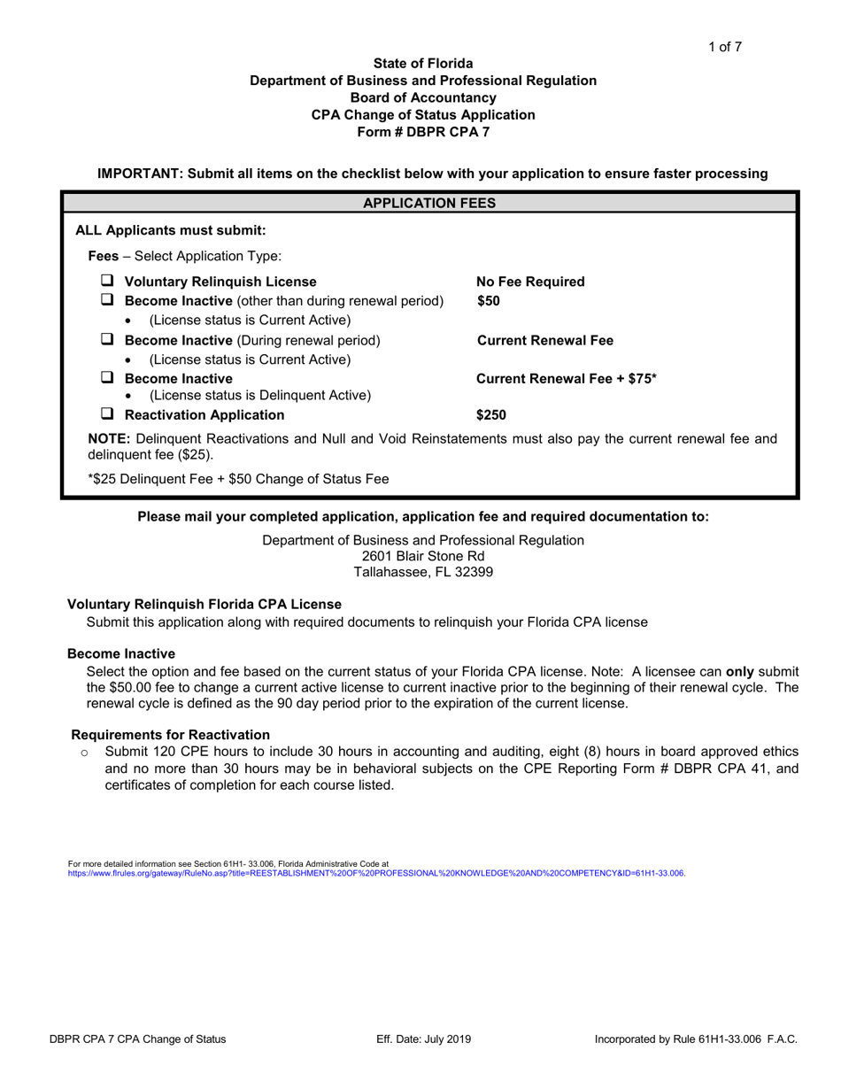 Form DBPR CPA7 CPA Change of Status Application - Florida, Page 1