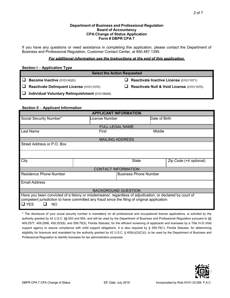 Form DBPR CPA7 Fill Out, Sign Online and Download Printable PDF