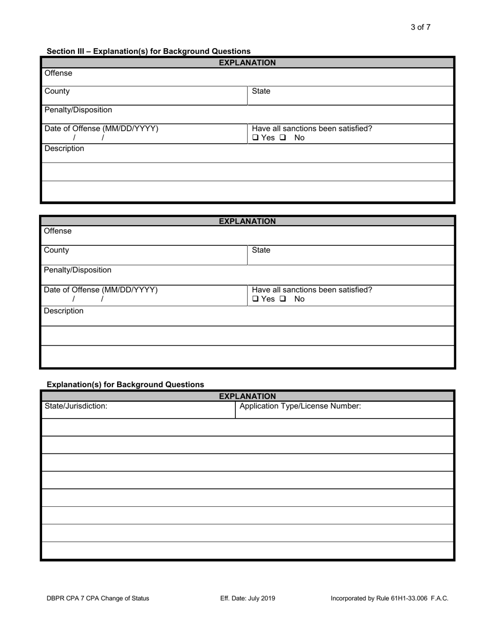 Form DBPR CPA7 CPA Change of Status Application - Florida, Page 3