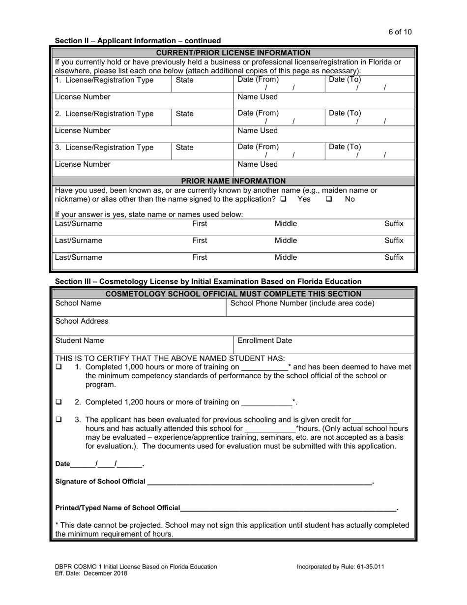 Form DBPR COSMO1 Application for Initial License Based on Florida Education - Florida, Page 6