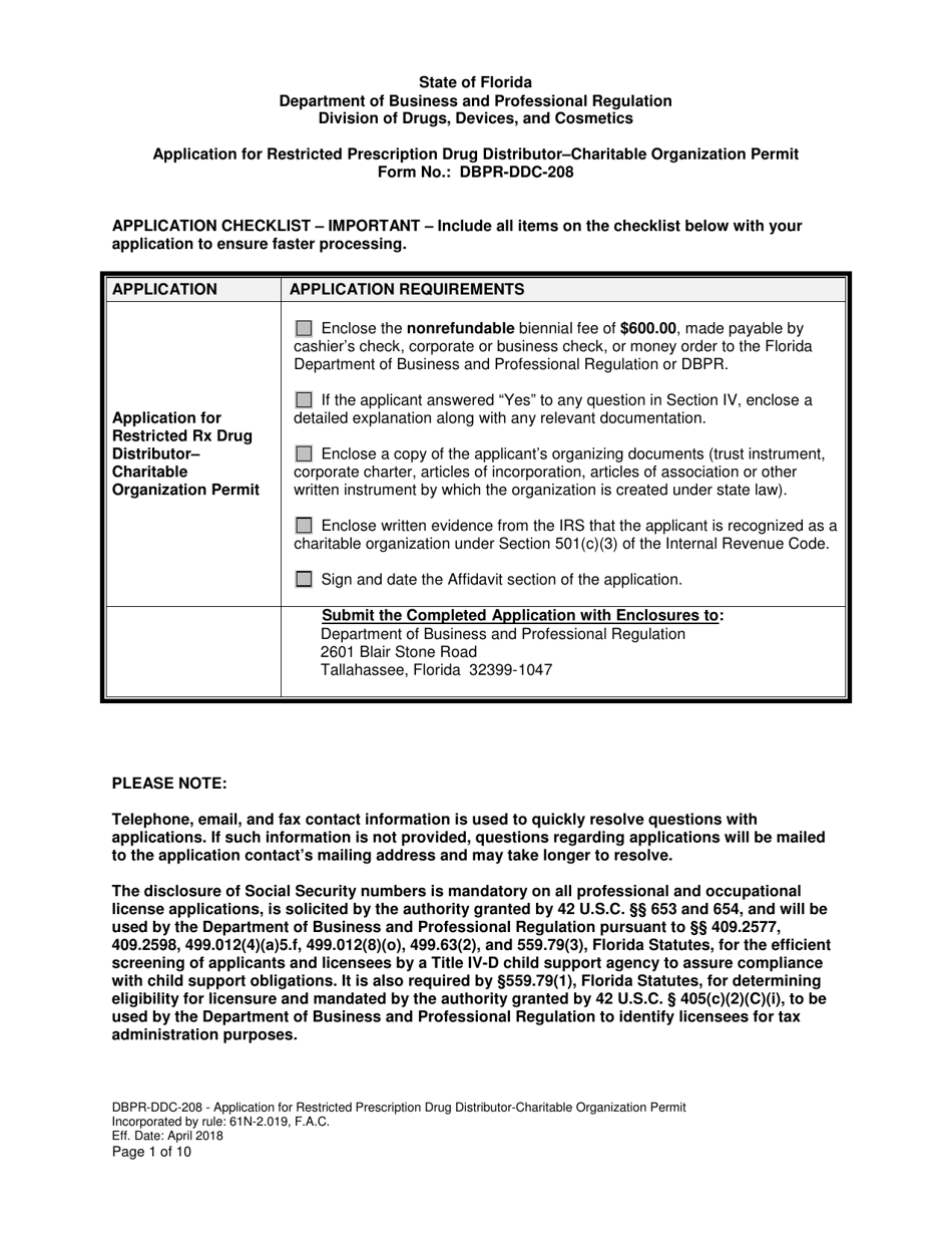 Form DBPR-DDC-208 Application for Restricted Prescription Drug Distributor - Charitable Organization Permit - Florida, Page 1