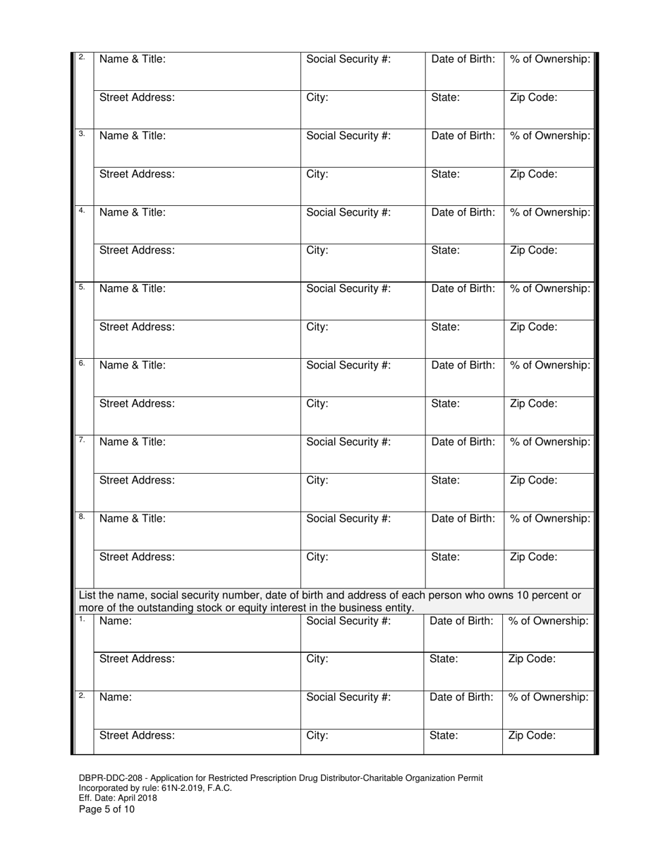 Form DBPR-DDC-208 Application for Restricted Prescription Drug Distributor - Charitable Organization Permit - Florida, Page 5