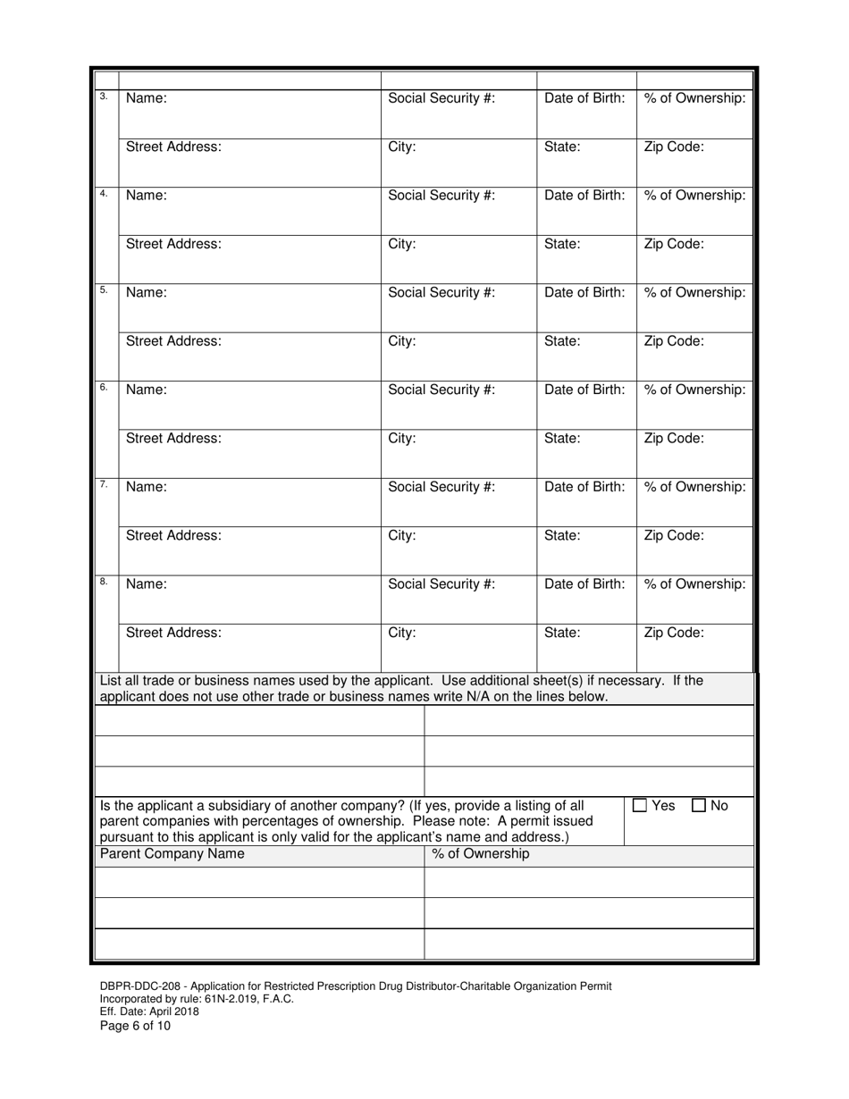 Form DBPR-DDC-208 Application for Restricted Prescription Drug Distributor - Charitable Organization Permit - Florida, Page 6