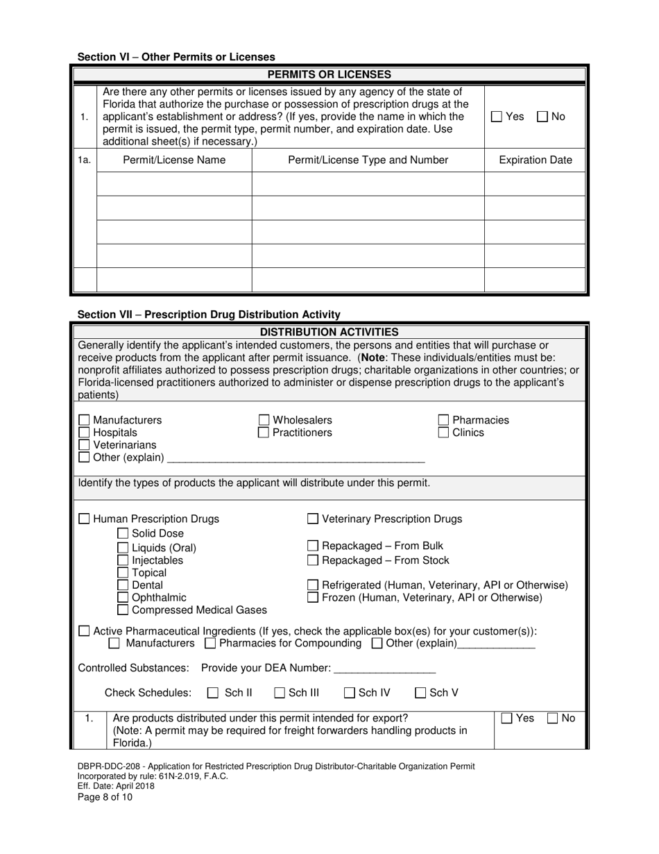 Form DBPR-DDC-208 Application for Restricted Prescription Drug Distributor - Charitable Organization Permit - Florida, Page 8